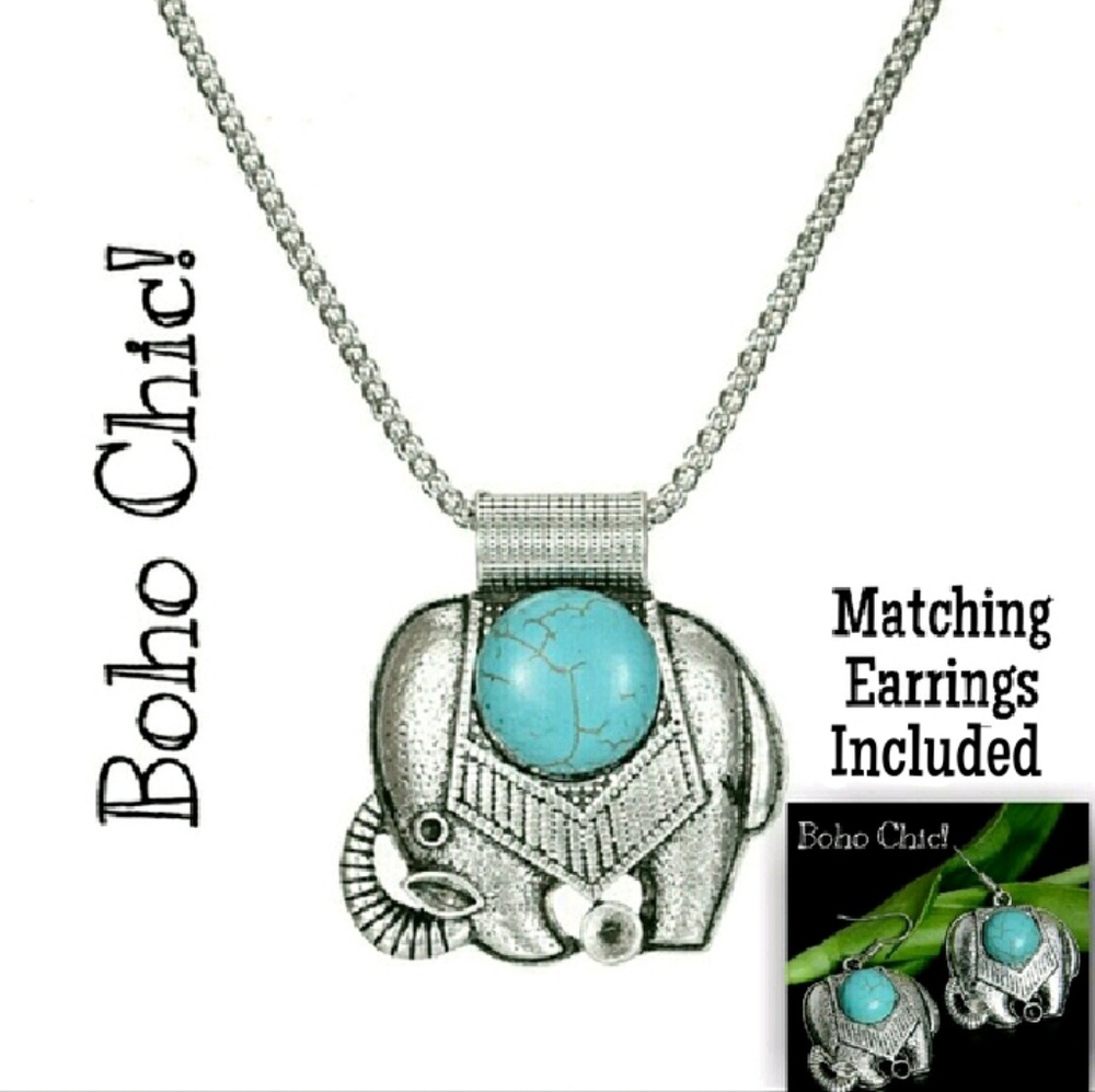 ❌️SOLD Turquoise Elephant Necklace Earrings - Picture 1 of 5